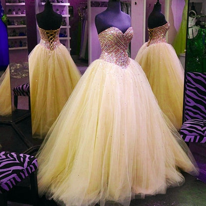 Crystal Beaded Sweetheart Tulle Ball Gowns Prom Quinceanera Dresses