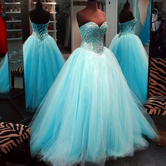 Crystal Beaded Sweetheart Tulle Ball Gowns Prom Quinceanera Dresses