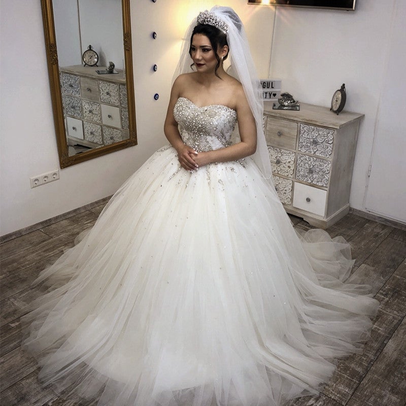 Crystal Beaded Sweetheart Tulle Wedding Dresses Ball Gowns