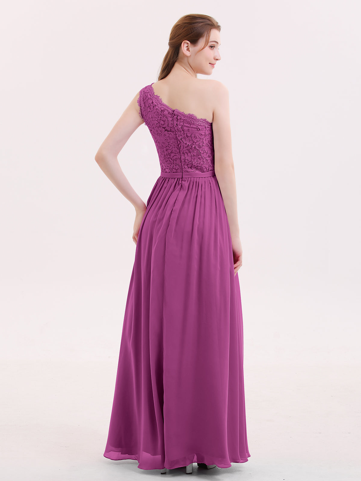 One Shoulder Chiffon And Lace Dress with Slit Orchid
