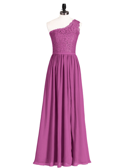 One Shoulder Chiffon And Lace Dress with Slit Orchid