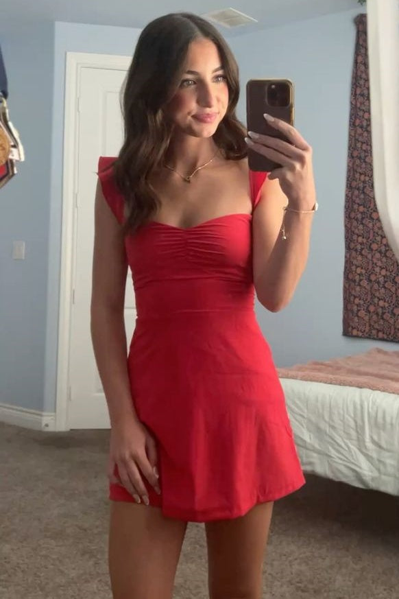 Cute Casual Red A-Line Straps Satin Sleeveless Mini Homecoming Summer Dress