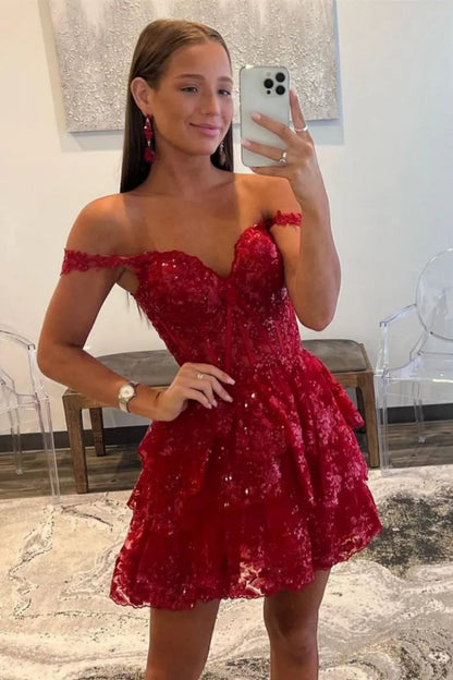 Cute Off Shoulder Layered Lace Prom Dress, Short Lace Homecoming Dress, Lace Formal Evening Dress A2147
