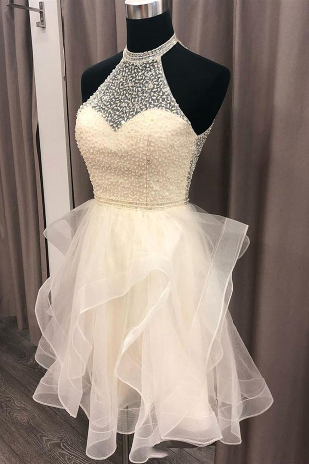 Cute Open Back Champagne Beaded Short Prom Dress, Fluffy Champagne Beaded Homecoming Dress, Short Champagne Formal Evening Dress