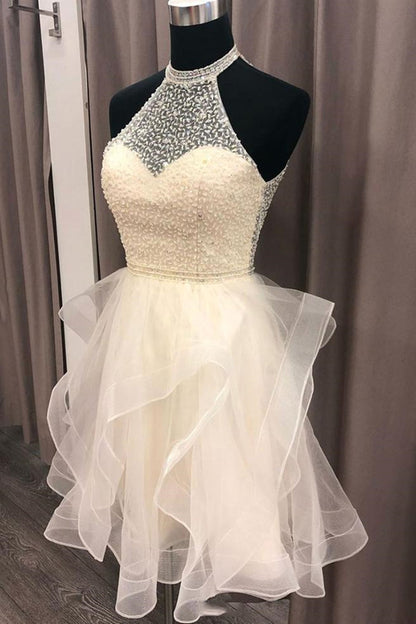 Cute Open Back Champagne Beaded Short Prom Dress, Fluffy Champagne Beaded Homecoming Dress, Short Champagne Formal Evening Dress
