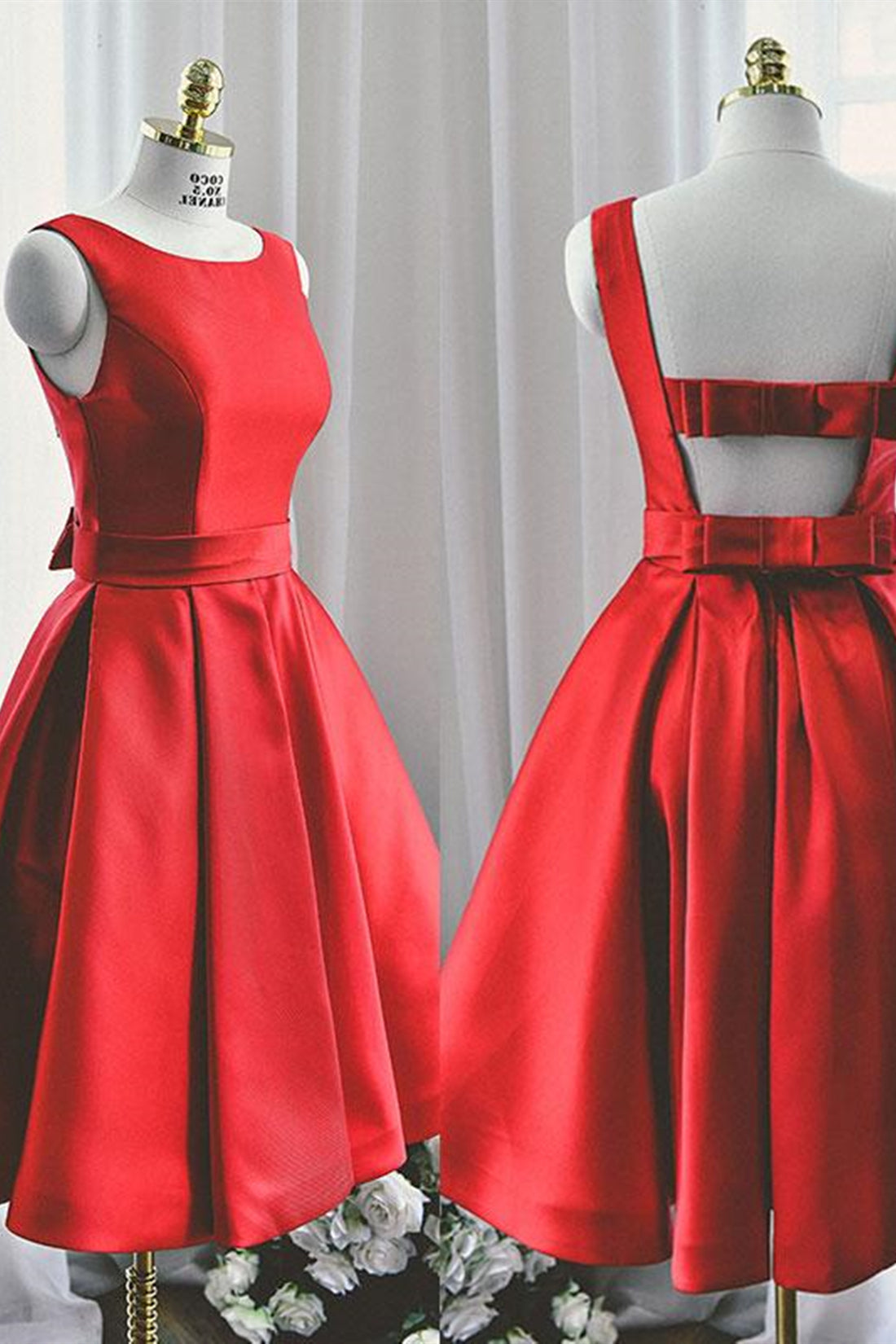 Cute Open Back Knee Length Red Prom Dress, Knee Length Red Homecoming Dress, Short Red Formal Evening Dress