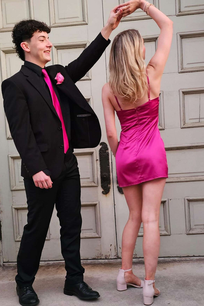 Cute Pink Spaghetti Straps Pleats Bodycon Satin Mini Homecoming Party Dress