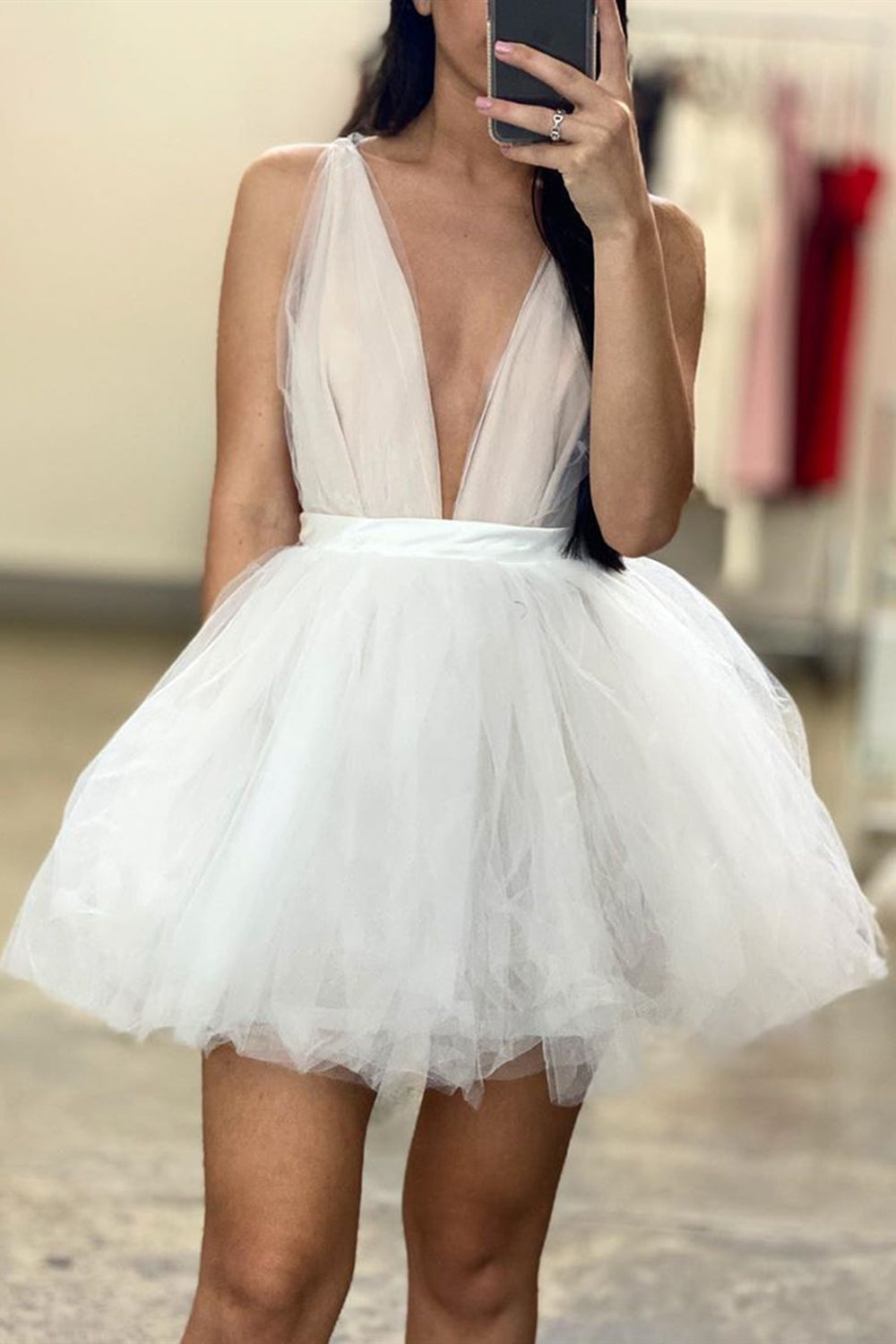 Cute V Neck Short White Prom Dress, V Neck White Homecoming Dress, White Formal Graduation Evening Dress