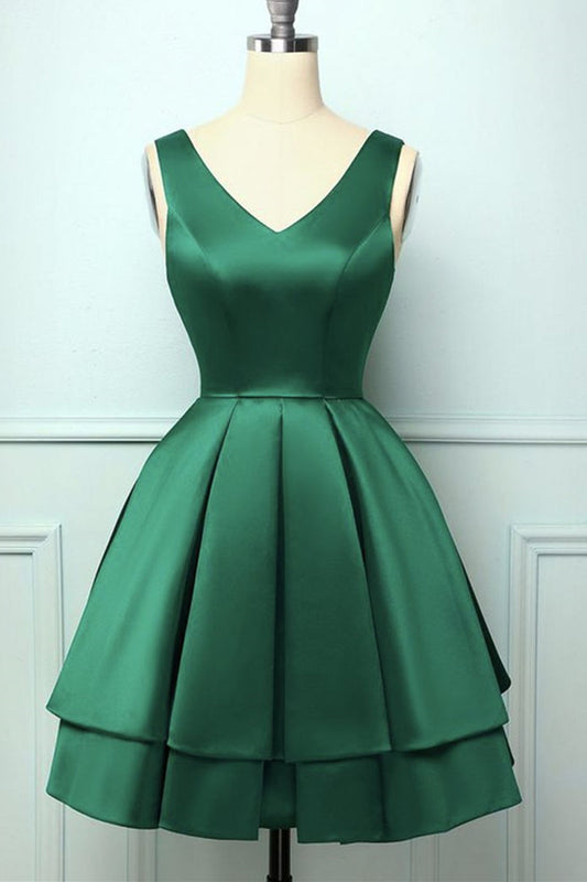Cute V Neck and V Back Layered Green Short Prom Dress, Short Green Homecoming Dress, Green Formal Evening Dress