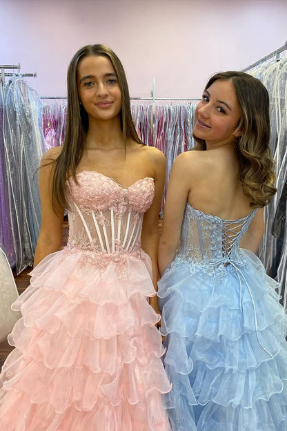 A Line Sweetheart Blush Pink Tiered Organza Prom Dresses