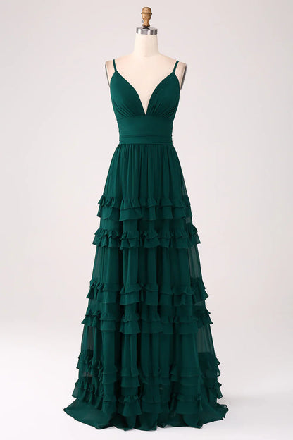 Cute chiffon thin shoulder strap sleeveless and deep V-ruffle layered Bridesmaid Dresses