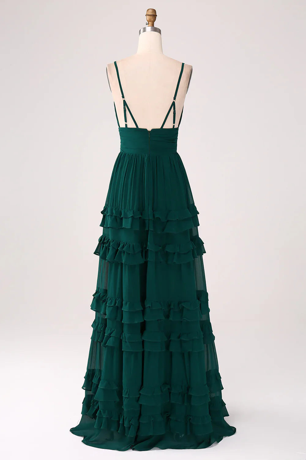 Cute chiffon thin shoulder strap sleeveless and deep V-ruffle layered Bridesmaid Dresses