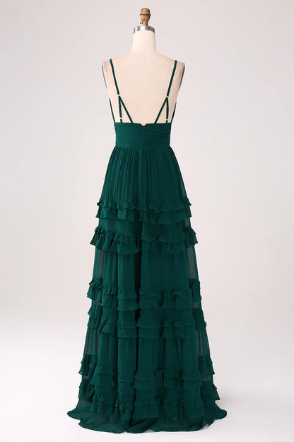 Cute chiffon thin shoulder strap sleeveless and deep V-ruffle layered Bridesmaid Dresses