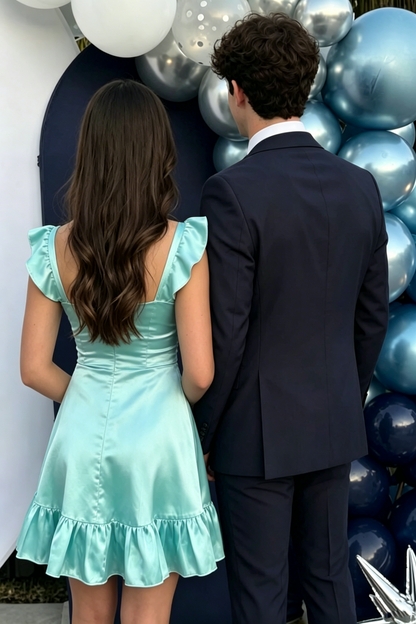 Cyan A-Line Empire-Waist Pleats Satin Sleeveless Short Homecoming Dress