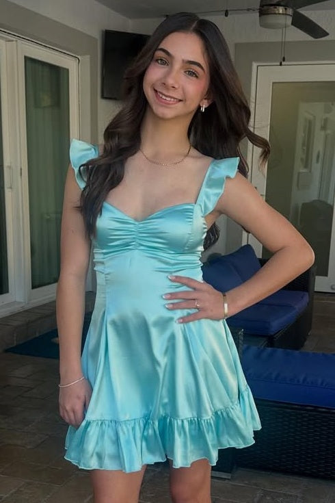 Cyan A-Line Empire-Waist Pleats Satin Sleeveless Short Homecoming Dress