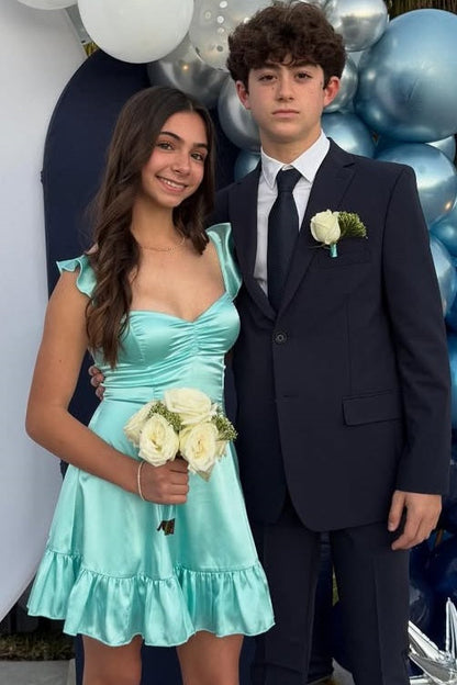 Cyan A-Line Empire-Waist Pleats Satin Sleeveless Short Homecoming Dress