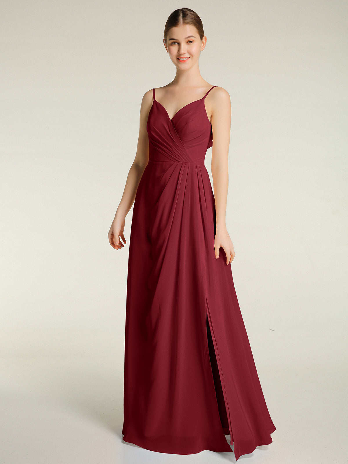 Spaghetti Straps V neck Dresses with Slit Burgundy