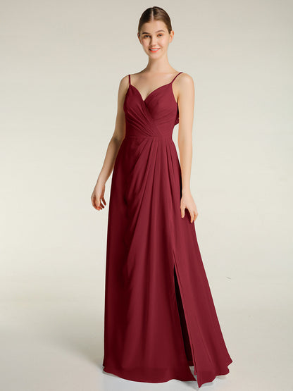 Spaghetti Straps V neck Dresses with Slit Burgundy