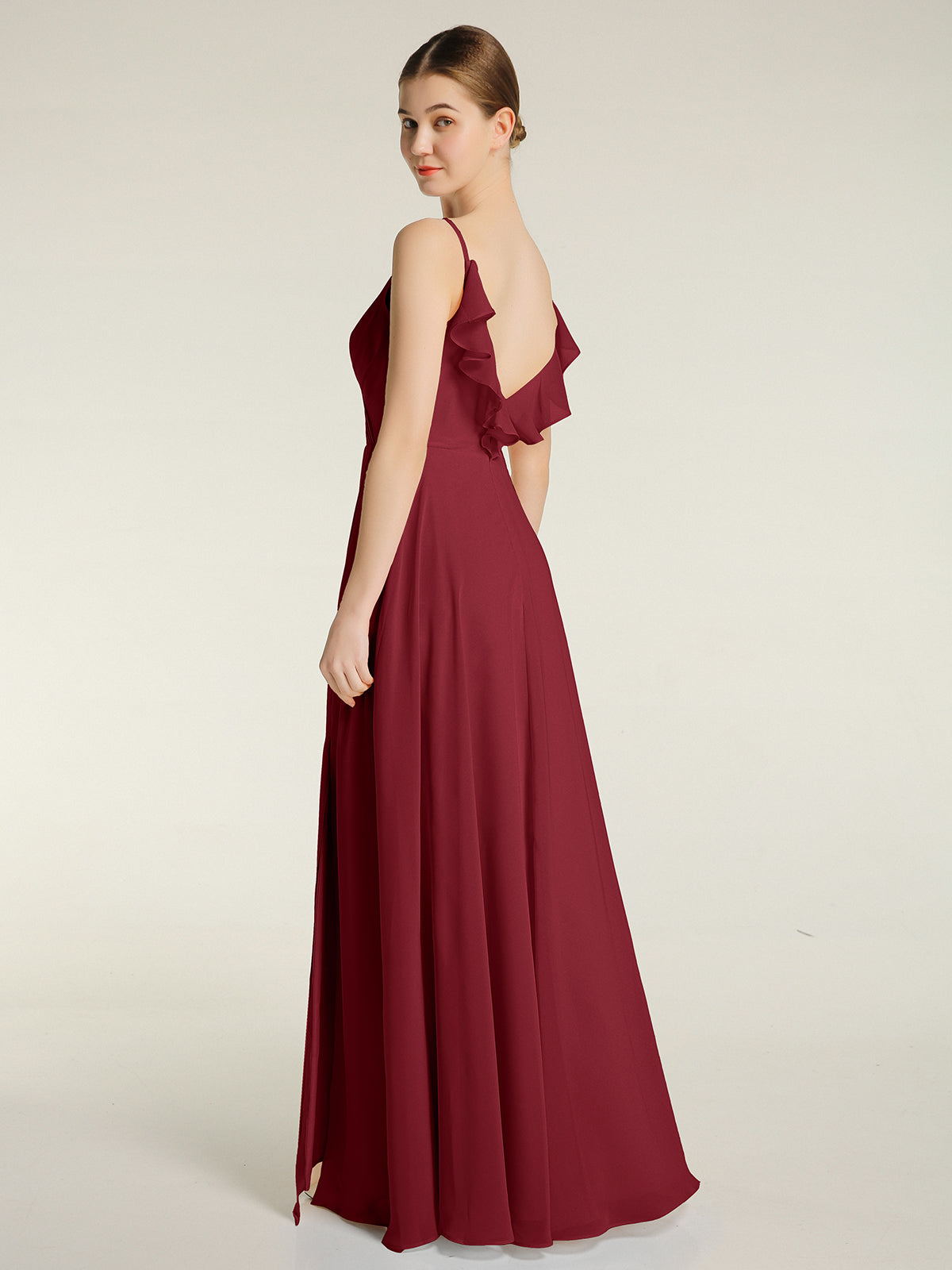 Spaghetti Straps V neck Dresses with Slit Burgundy