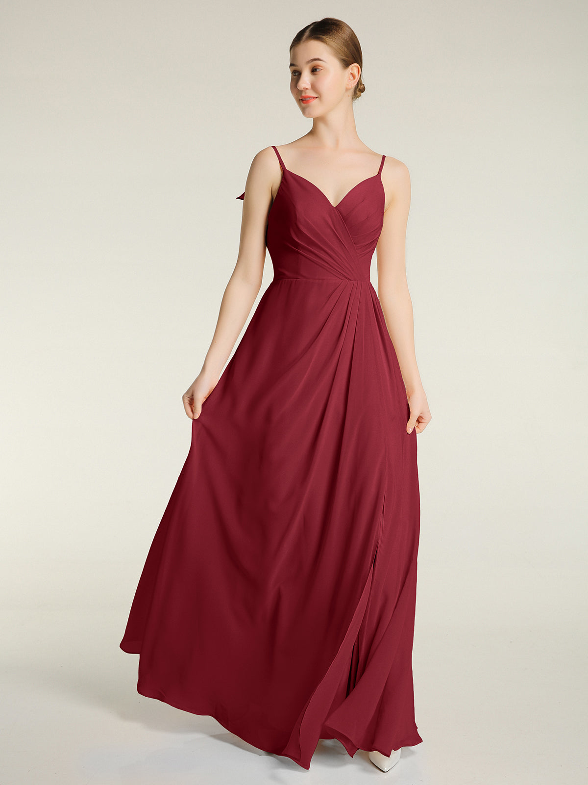Spaghetti Straps V neck Dresses with Slit Burgundy