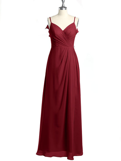 Spaghetti Straps V neck Dresses with Slit Burgundy