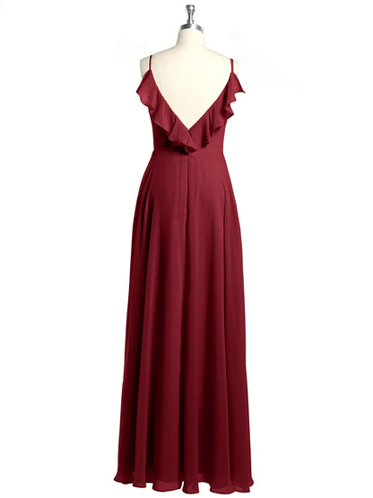 Spaghetti Straps V neck Dresses with Slit Burgundy