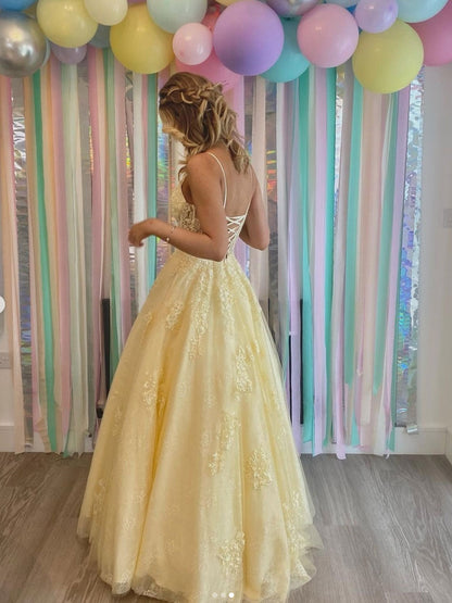 Yellow v neck tulle lace long prom dress, yellow formal dress
