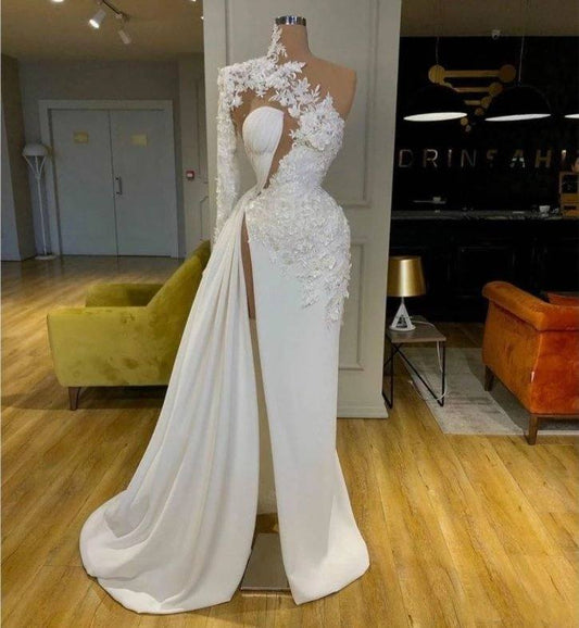 Sexy Prom Dresses A-line One-shoulder Appliques Slit Long Robe De Soiree Dubai Saudi Arabic Prom Gown Evening Dresses - RongMoon