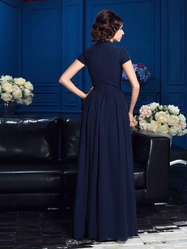 A-Line/Princess V-neck Applique Short Sleeves Long Chiffon Mother of the Bride Dresses - RongMoon