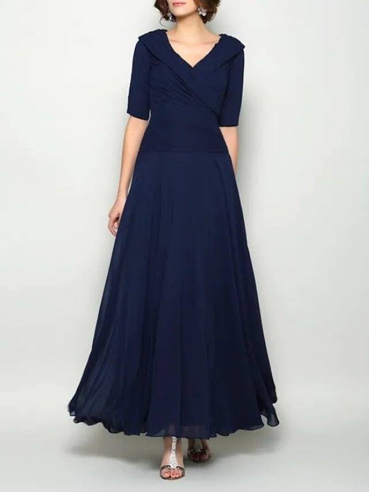 A-Line Mother of the Bride Dress Elegant V Neck Ankle Length Chiffon Short Sleeve with Pleats Ruching - RongMoon