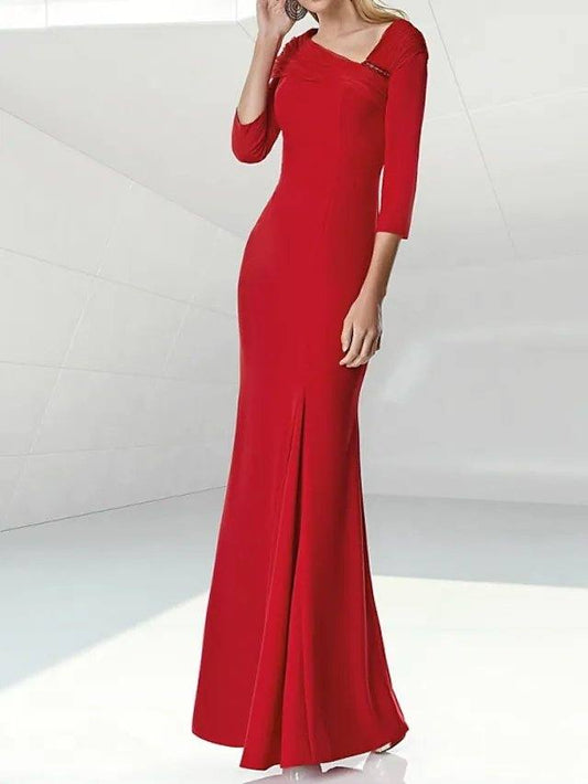 Sheath / Column Mother of the Bride Dress Elegant V Neck Floor Length Stretch Fabric Half Sleeve with Ruching - RongMoon