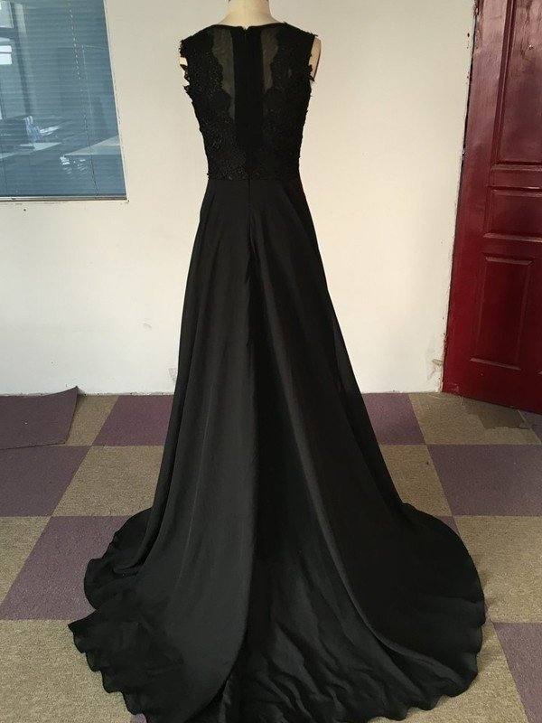 A-Line/Princess Scoop Sleeveless Satin Chiffon Sweep/Brush Train Dresses - RongMoon