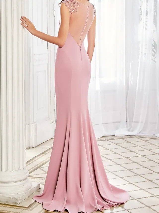 Mermaid / Trumpet Beautiful Back Elegant Engagement Formal Evening Dress Boat Neck Sleeveless Sweep / Brush Train Stretch Satin with Beading - RongMoon