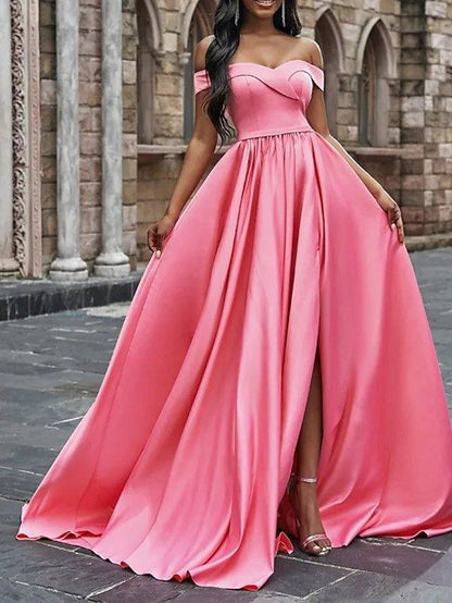 A-Line Minimalist Elegant Wedding Guest Prom Dress Off Shoulder Sleeveless Court Train Sweep / Brush Train Satin with Pleats Split - RongMoon