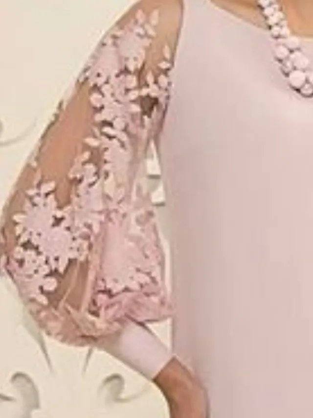 Sheath / Column Mother of the Bride Dress Elegant Jewel Neck Knee Length Lace Satin Long Sleeve with Appliques - RongMoon