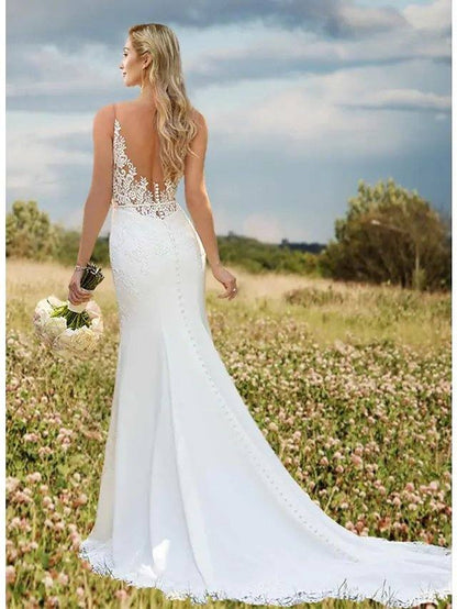 Mermaid / Trumpet Wedding Dresses V Neck Court Train Lace Spaghetti Strap Casual Vintage - RongMoon