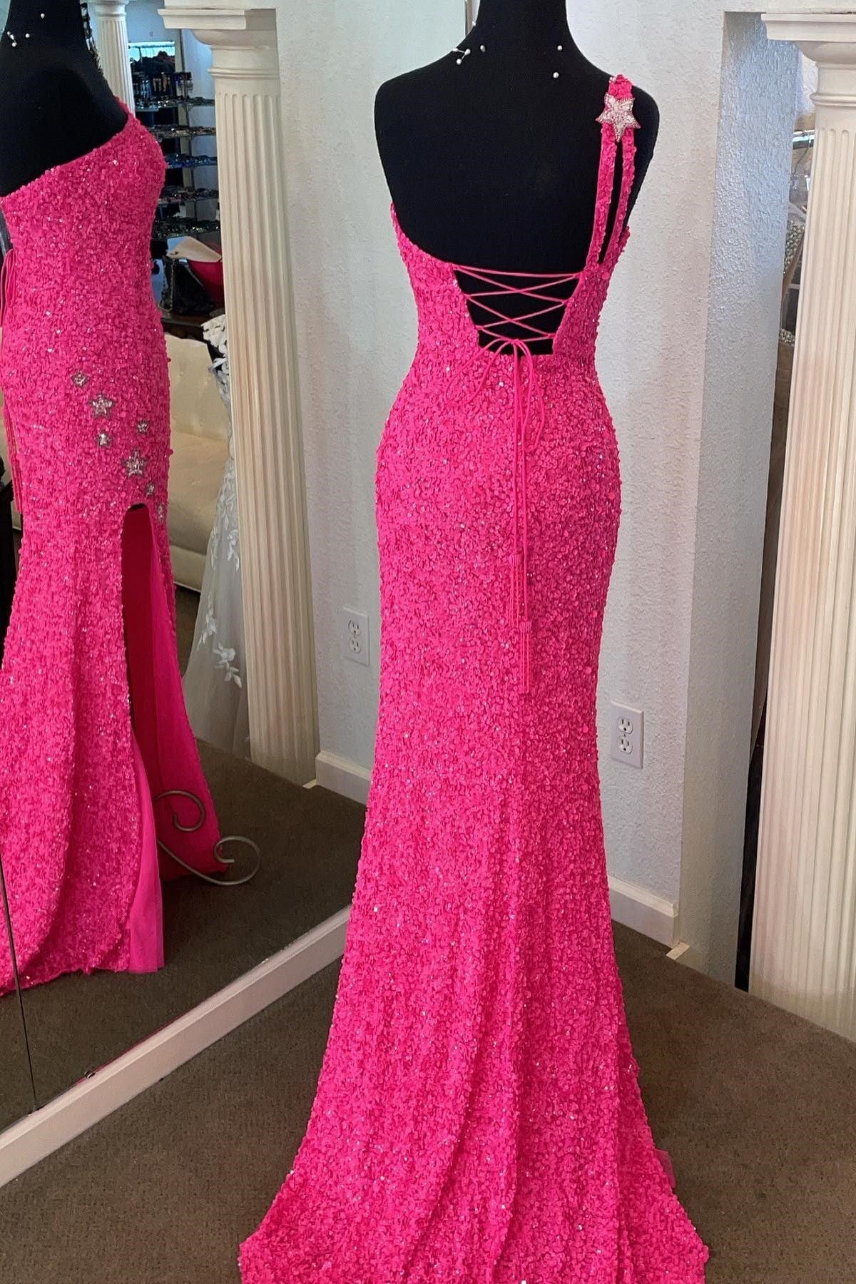 One Shoulder Stars Mermaid Sequins Long Formal Dress with Side Slit