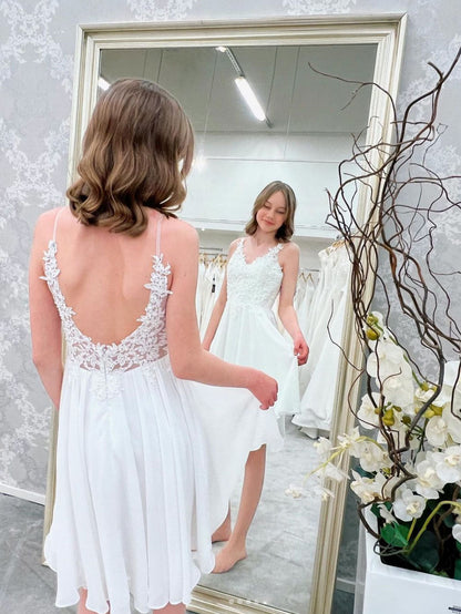 White chiffon lace short prom dress, whit homecoming dress