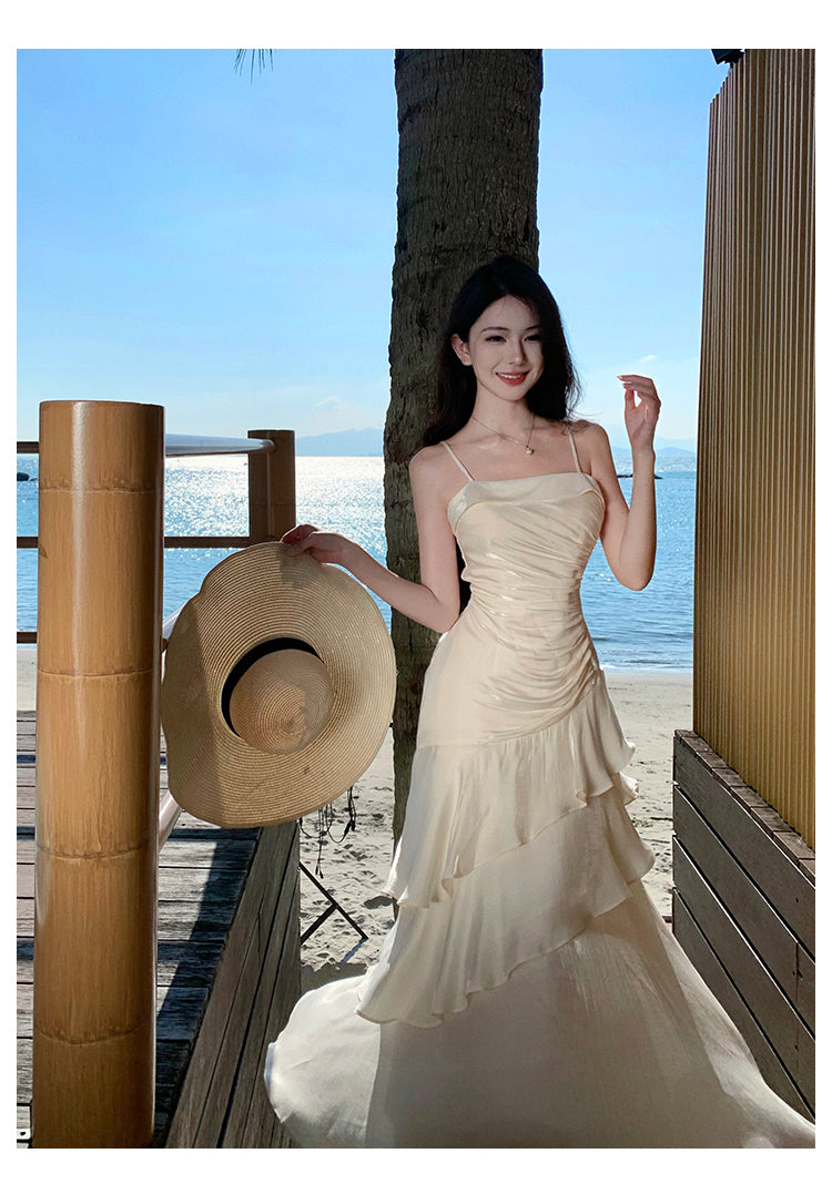 Elegant Mermaid Spaghetti Straps White Satin Long Prom Dresses Party Dress Summer 22th Birthday Outfits 18th Birthday Dresses DH1051