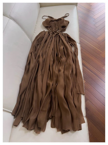 Elegant A Line Halter Brown Chiffon Sleeveless Long Evening Party Gowns Evening Formal Dresses Prom Dress DH105