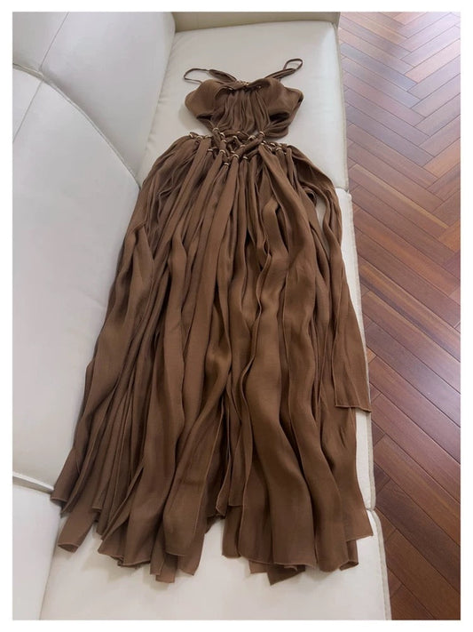 Elegant A Line Halter Brown Chiffon Sleeveless Long Evening Party Gowns Evening Formal Dresses Prom Dress DH105