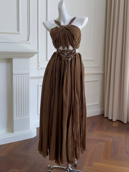 Elegant A Line Halter Brown Chiffon Sleeveless Long Evening Party Gowns Evening Formal Dresses Prom Dress DH105