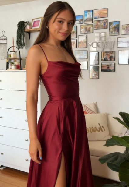 Elegant A line Spaghetti Straps Burgundy Backless Long Prom Dresses Party Dress Summer 20th Birthday Outfits 18th Birthday Dress Inspo For Teens DH120
