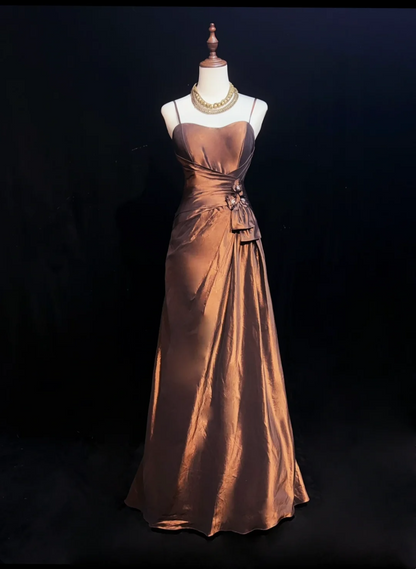 Pretty A line Spaghetti Straps Brown Taffeta Long Prom Dresses Party Dress Summer 20th Birthday Outfits 18th Birthday Dresses DH1470