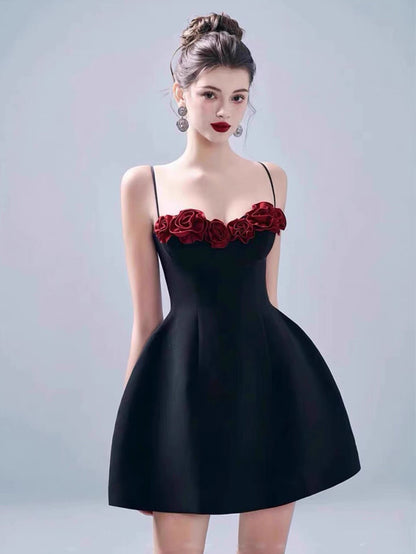 Aesthetic A Line Spaghetti Straps Black Satin Mini Formal Homecoming Dress Short Cocktail Outfits Graduation Dress Hoco Dress DH2203
