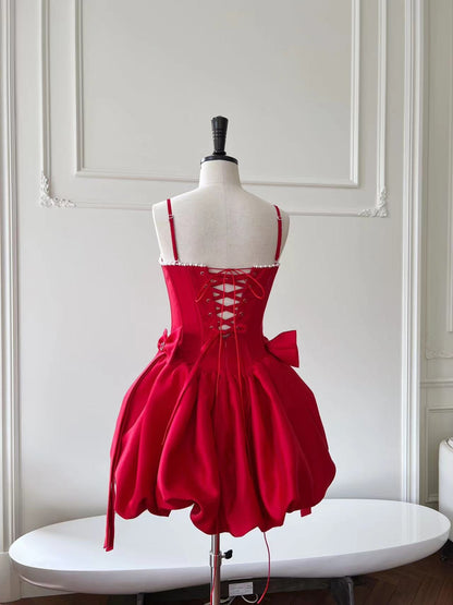 Modest Ball Gown Spaghetti Straps Satin Red Short Formal Homecoming Dress Middle School Short 18th Birthday Outfits Graduation Dress Cocktail Dresses DH2291