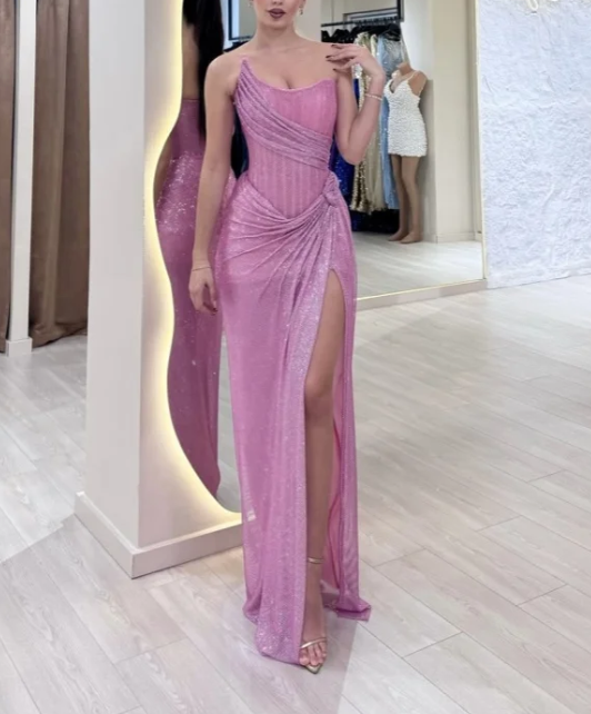 Sparkly Sheath Pink Sequin Long Prom Dresses Strapless 22th Birthday Outfit Graduation Dress