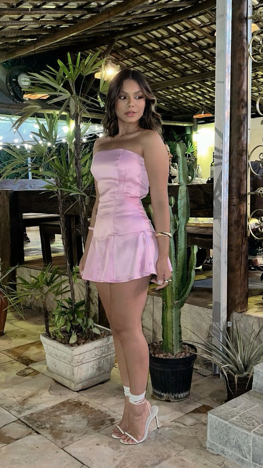 Pretty Ball Gown Strapless Light Pink Satin Formal Homecoming Dresses Short 21st Birthday Outfits Graduation Dress Mini Cocktail Dresses DH2389