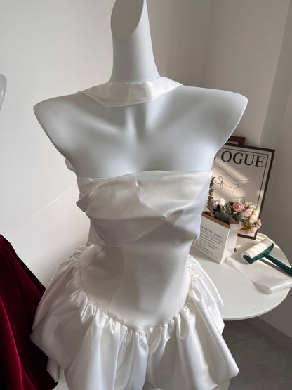 Pretty A Line Strapless White Satin Formal Homecoming Dresses 21st Birthday Outfits Graduation Dress Short Mini Night Cocktail Dresses DH2480