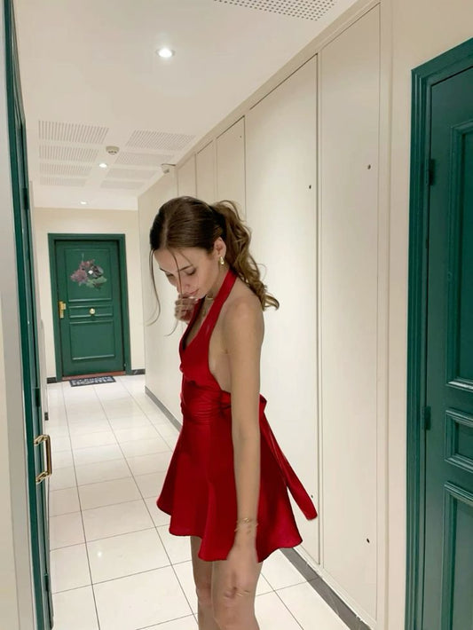 Pretty A line Halter Red Satin Formal Homecoming Dresses 18th Birthday Outfits Graduation Dress Short Mini Cocktail Dresses DH2495